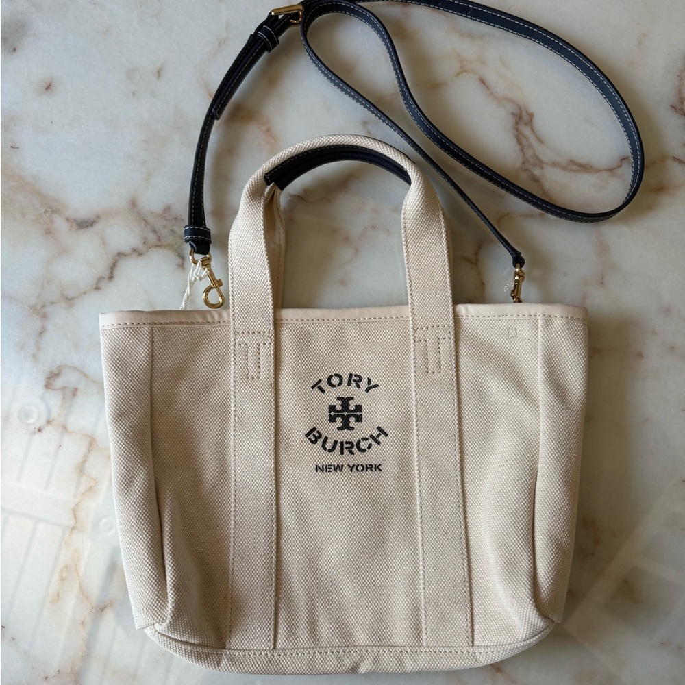 Tory Burch Cream and Navy Canvas Tote